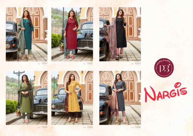 P3+ NARGIS Latest Casual Wear Pure Viscose Mulsine Print With Embroidery Work With Full inner Pure Banarasi Dupatta With Bottom Collection